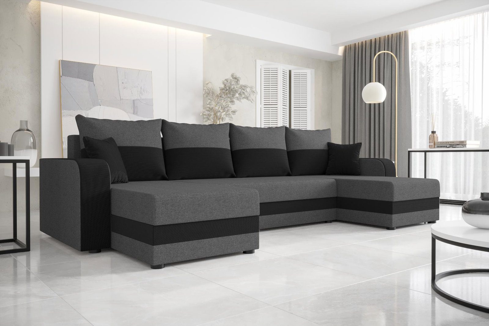 Γωνιακός καναπές Dennis U-Gkri skouro - Mavro - Image 2